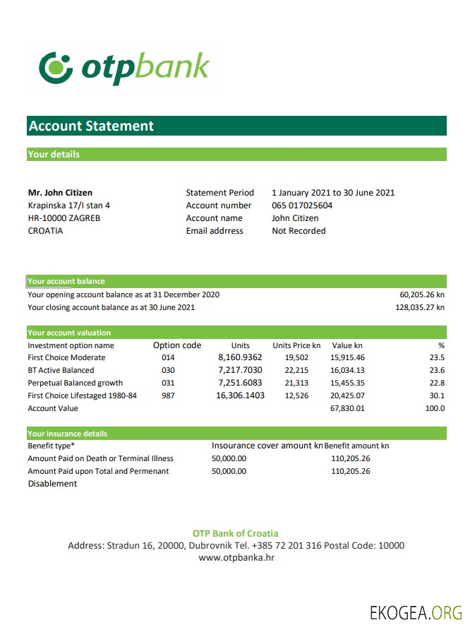 Relevé bancaire OTP de Croatie, modèle facile à remplir au format Excel et PDF